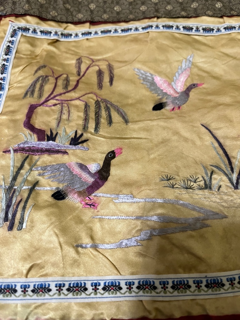 vintage Chinese silk embroidery panel, nature scenes with birds and flowers.